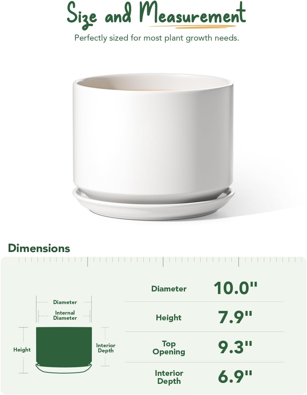 LE TAUCI Ceramic Pots for Plants, 6.8 Inch Plant Pots with Drainage Hole & Saucer, Modern Planter for Indoor Plants, Stable & Durable, Perfect for Living Room or Office Decor, White