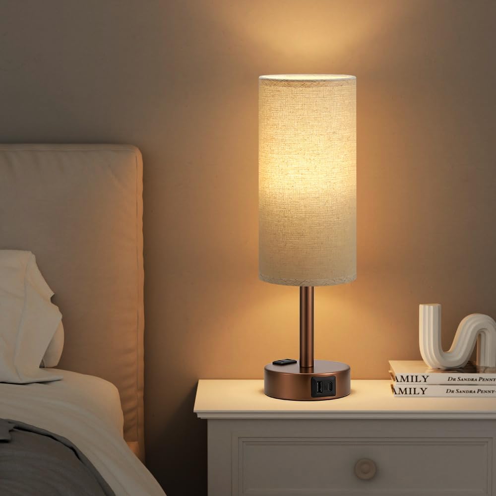 Fenmzee Bedside Table Lamp for Bedroom - Dimmable Touch, USB A+C, AC Outlet