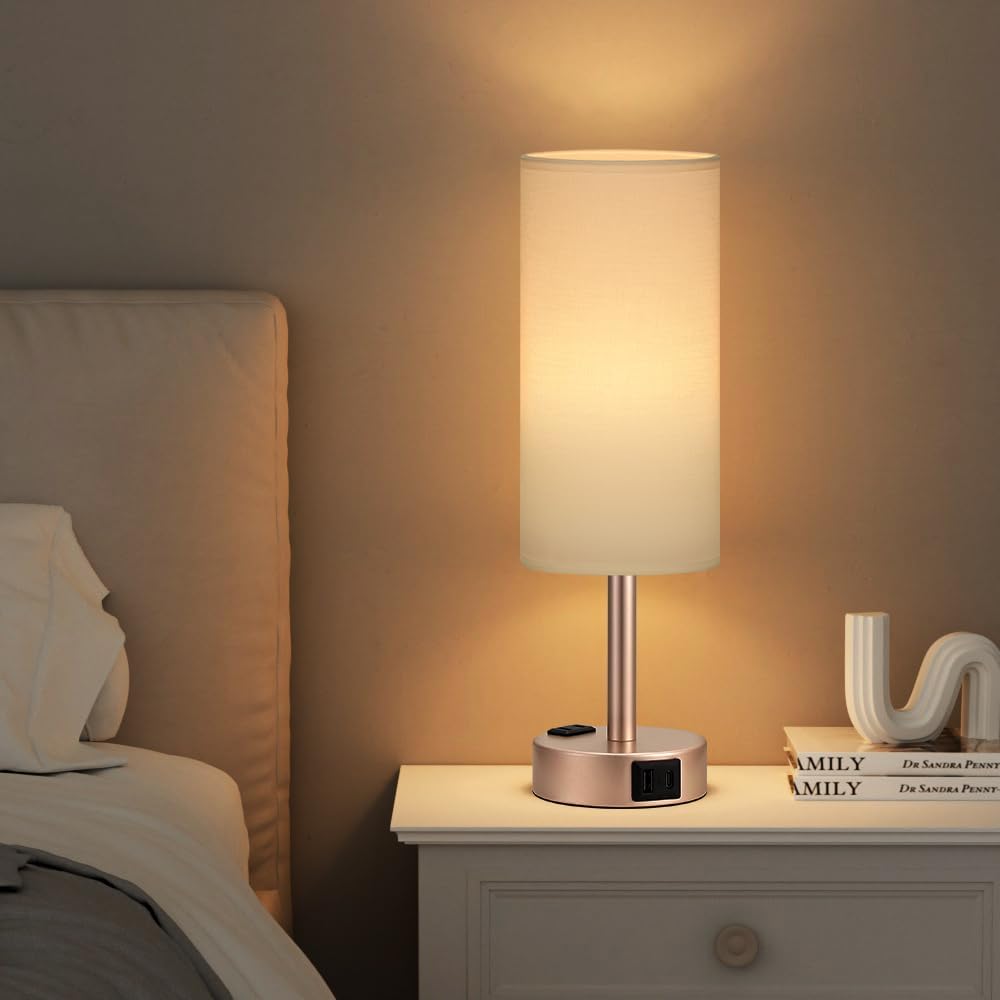Fenmzee Bedside Table Lamp for Bedroom - Dimmable Touch, USB A+C, AC Outlet