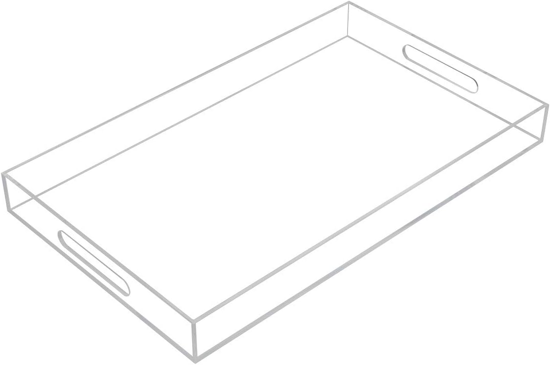 KEVLANG Glossy White Sturdy Acrylic Serving Tray with Handles-12x20 Inch-Serving Coffee Appetizer Breakfast-Kitchen Countertop Makeup Drawer Organizer-Vanity Table Ottoman Decorative Tray