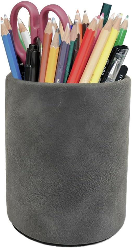 Leather Pen Holder, Brown Pencil Holder, Desktop Elegant Pen Holder for Desk, Stationery Organizer for School Office Home Dorm (3.3" x 3.3" x 4", Brown)