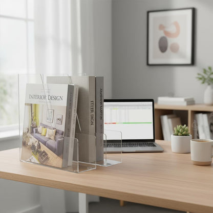 Clear Vertical File Holder, 2 pack, for Home Office | Clear plastic Magazine Organizer, 2-pack. Multi-purpose document organizer for home office, school. Space-saving storage.