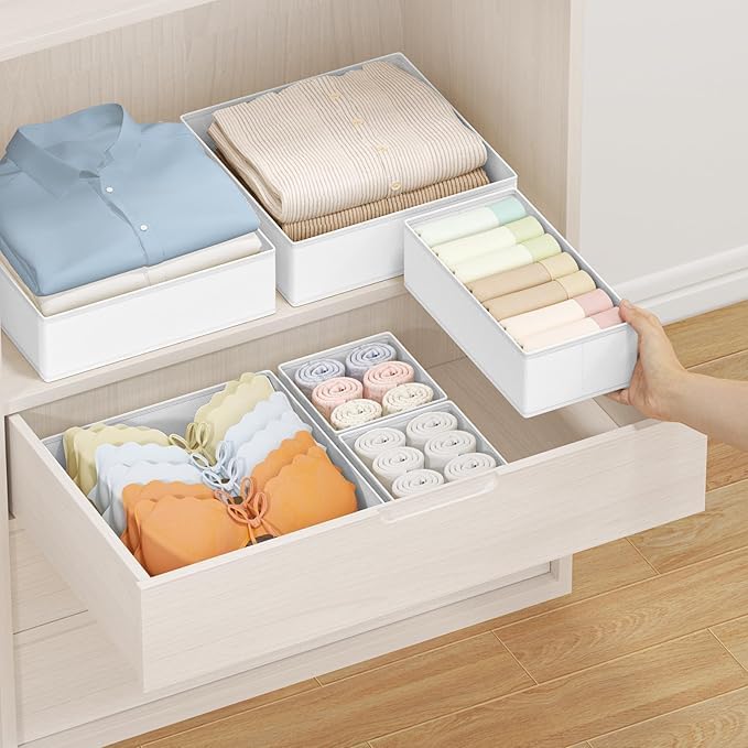 Drawer Organizer Clothes, Dresser Organizer, Foldable Closet Organizers and Storage, Fabric Dresser Bins, Drawer Dividers for Nursery, Baby Clothes, Underwears, Sock (Beige)