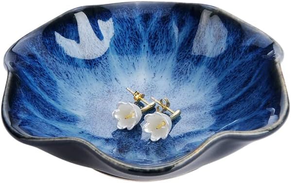 Ring Dish, Kiln Glaze Jewelry Trinket Tray, Gifts for Women I Lotus Leaf Necklace Earrings Holder on Nightstand Bathroom, Ceramic Cute Key Bowl, White. All Jewelries Are NOT Included.