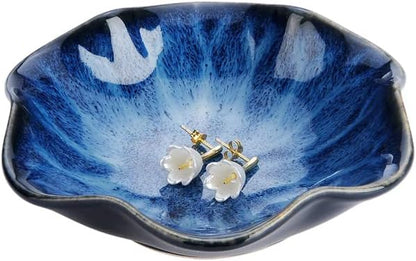 Ring Dish, Kiln Glaze Jewelry Trinket Tray, Gifts for Women I Lotus Leaf Necklace Earrings Holder on Nightstand Bathroom, Ceramic Cute Key Bowl, White. All Jewelries Are NOT Included.