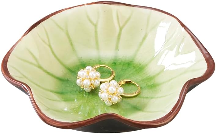 Ring Dish, Kiln Glaze Jewelry Trinket Tray, Gifts for Women I Lotus Leaf Necklace Earrings Holder on Nightstand Bathroom, Ceramic Cute Key Bowl, White. All Jewelries Are NOT Included.