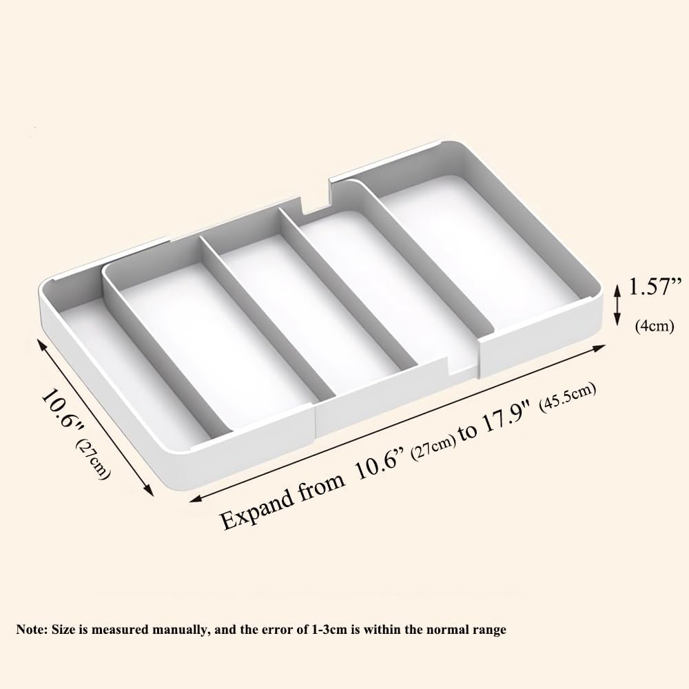 Shallow Drawer Organizer (1.57" H), Modular Expandable Desk Dividers (Width 10.6"-17.9" OR Length 16.1"), Detachable Trays for Office Stationery, Makeup, Kitchen, White
