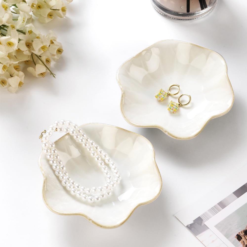 Ring Dish, Kiln Glaze Jewelry Trinket Tray, Gifts for Women I Lotus Leaf Necklace Earrings Holder on Nightstand Bathroom, Ceramic Cute Key Bowl, White. All Jewelries Are NOT Included.