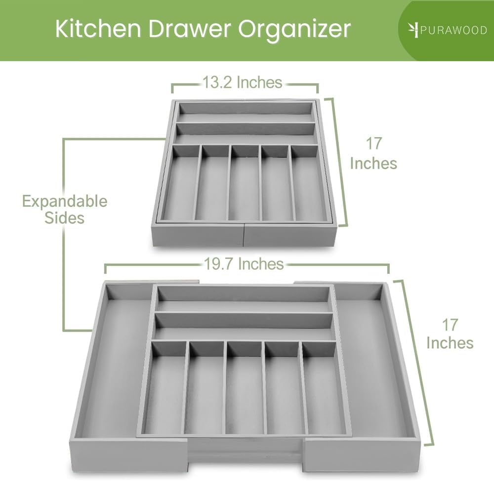 Purawood Kitchen Drawer Organizer - Expandable Utensil Drawer Organizer for Kitchen, Cutlery Tray & Silverware Organizer, 3-5 Slots - Bamboo Organizer for Utensils & Flatware (Natural)