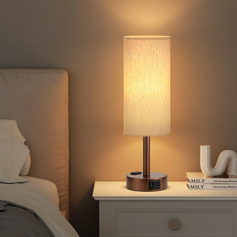 Fenmzee Bedside Table Lamp for Bedroom - Dimmable Touch, USB A+C, AC Outlet