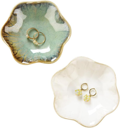 Ring Dish, Kiln Glaze Jewelry Trinket Tray, Gifts for Women I Lotus Leaf Necklace Earrings Holder on Nightstand Bathroom, Ceramic Cute Key Bowl, White. All Jewelries Are NOT Included.