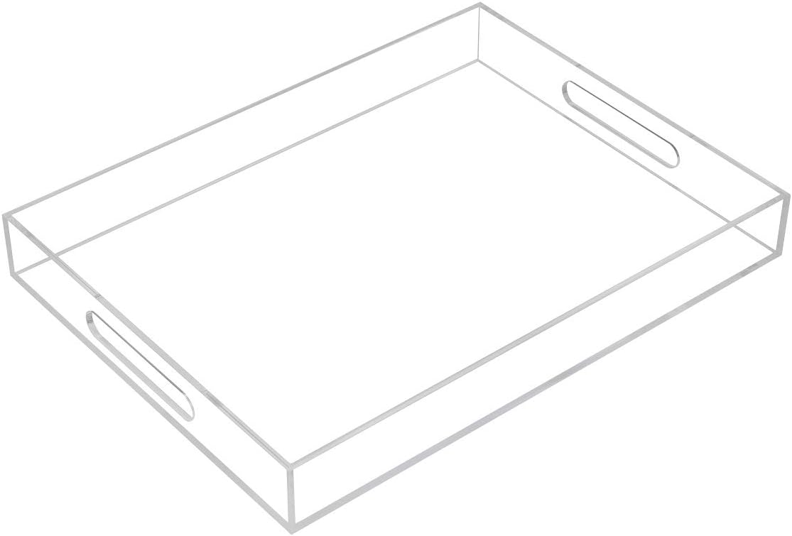 KEVLANG Glossy White Sturdy Acrylic Serving Tray with Handles-12x20 Inch-Serving Coffee Appetizer Breakfast-Kitchen Countertop Makeup Drawer Organizer-Vanity Table Ottoman Decorative Tray