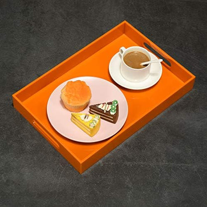KEVLANG Glossy White Sturdy Acrylic Serving Tray with Handles-12x20 Inch-Serving Coffee Appetizer Breakfast-Kitchen Countertop Makeup Drawer Organizer-Vanity Table Ottoman Decorative Tray
