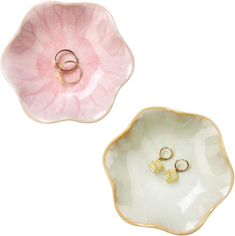 Ring Dish, Kiln Glaze Jewelry Trinket Tray, Gifts for Women I Lotus Leaf Necklace Earrings Holder on Nightstand Bathroom, Ceramic Cute Key Bowl, White. All Jewelries Are NOT Included.