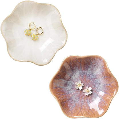 Ring Dish, Kiln Glaze Jewelry Trinket Tray, Gifts for Women I Lotus Leaf Necklace Earrings Holder on Nightstand Bathroom, Ceramic Cute Key Bowl, White. All Jewelries Are NOT Included.