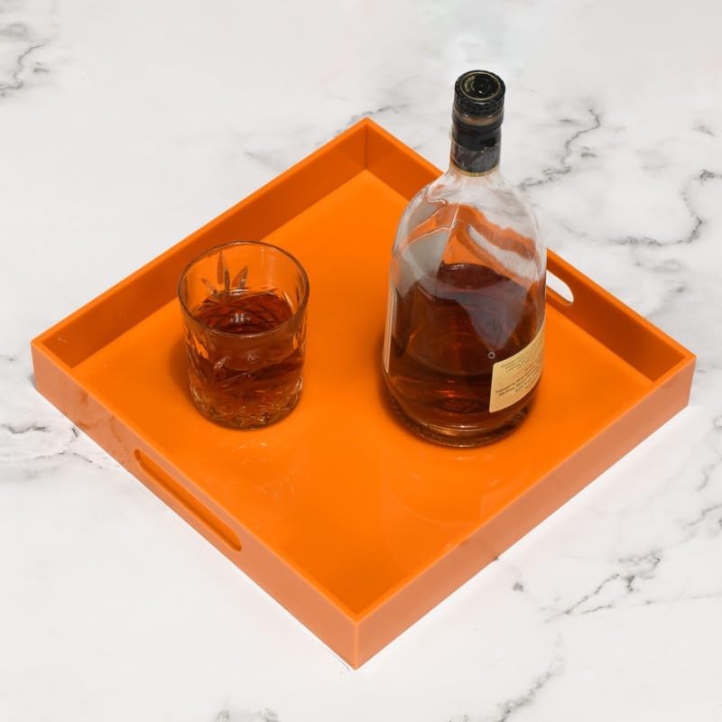 KEVLANG Glossy White Sturdy Acrylic Serving Tray with Handles-12x20 Inch-Serving Coffee Appetizer Breakfast-Kitchen Countertop Makeup Drawer Organizer-Vanity Table Ottoman Decorative Tray