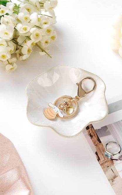 Ring Dish, Kiln Glaze Jewelry Trinket Tray, Gifts for Women I Lotus Leaf Necklace Earrings Holder on Nightstand Bathroom, Ceramic Cute Key Bowl, White. All Jewelries Are NOT Included.