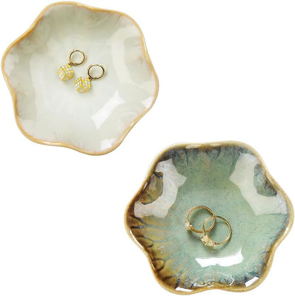 Ring Dish, Kiln Glaze Jewelry Trinket Tray, Gifts for Women I Lotus Leaf Necklace Earrings Holder on Nightstand Bathroom, Ceramic Cute Key Bowl, White. All Jewelries Are NOT Included.