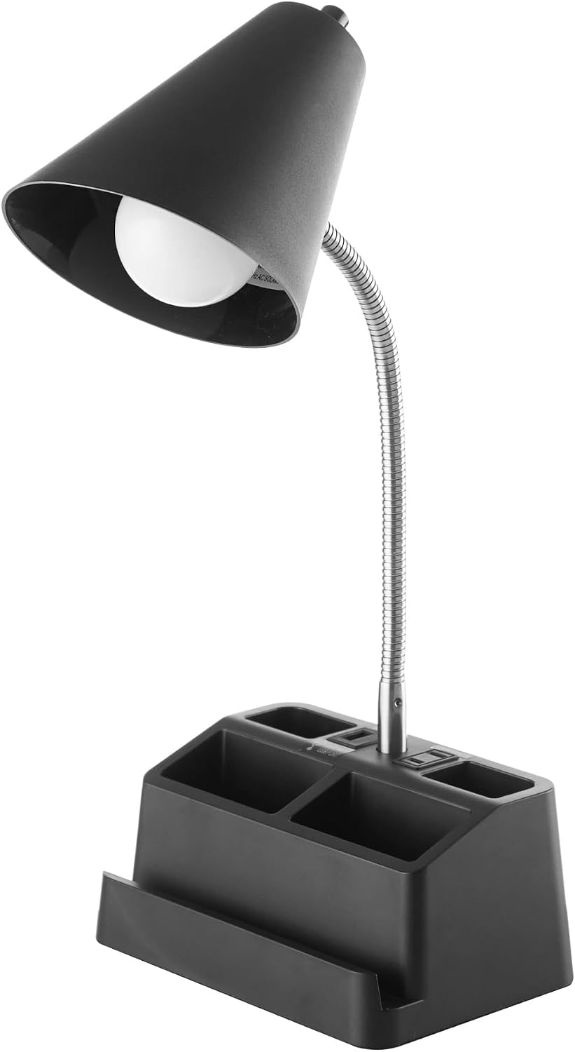 15" Organizer Desk Lamp Black - USB Port & AC Outlet, 4 Compartment Storage Base | Phone/Tablet Holder, Flexible Gooseneck | No Assembly, Matte Finish | Desk/Nightstand | Home Office/Dorm Essential