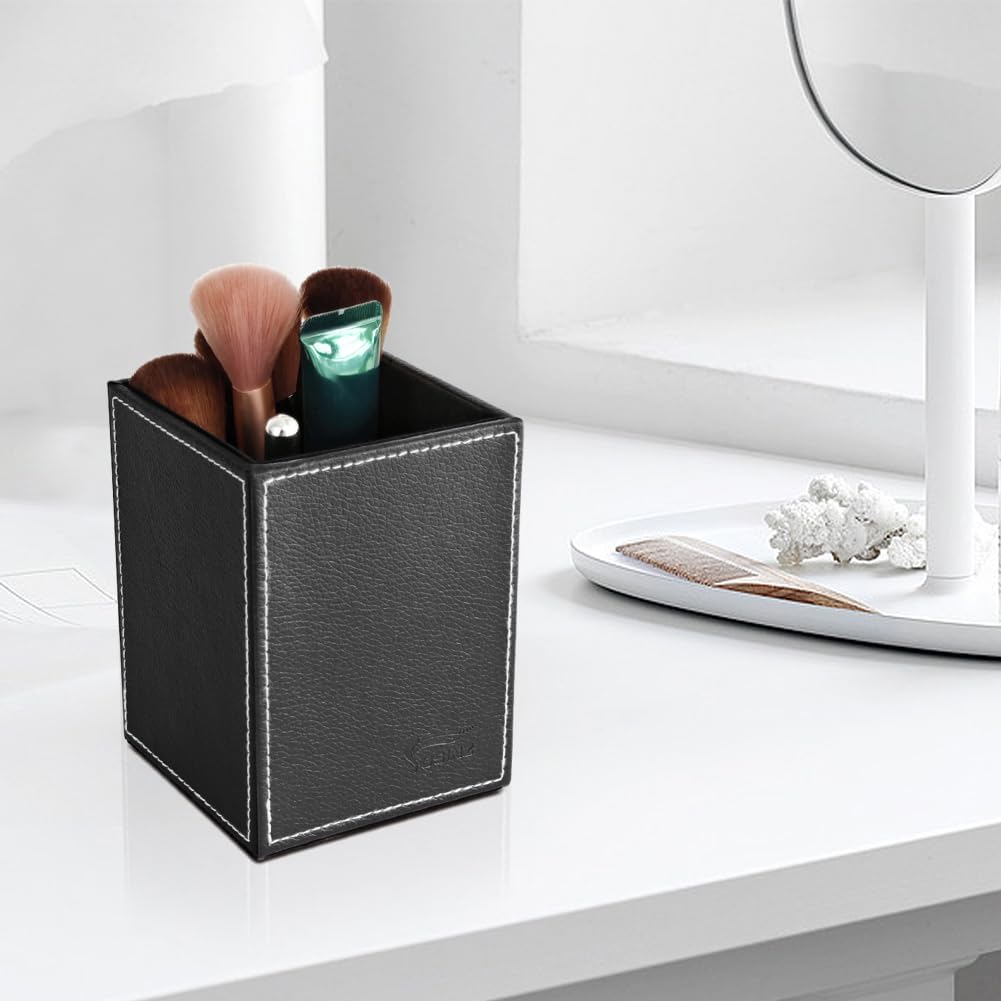 Leather Pen Holder, Brown Pencil Holder, Desktop Elegant Pen Holder for Desk, Stationery Organizer for School Office Home Dorm (3.3" x 3.3" x 4", Brown)
