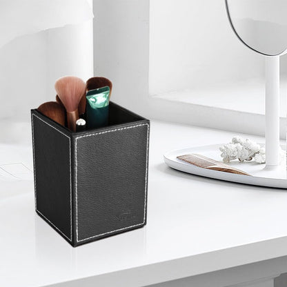 Leather Pen Holder, Brown Pencil Holder, Desktop Elegant Pen Holder for Desk, Stationery Organizer for School Office Home Dorm (3.3" x 3.3" x 4", Brown)