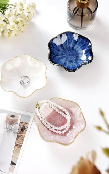 Ring Dish, Kiln Glaze Jewelry Trinket Tray, Gifts for Women I Lotus Leaf Necklace Earrings Holder on Nightstand Bathroom, Ceramic Cute Key Bowl, White. All Jewelries Are NOT Included.