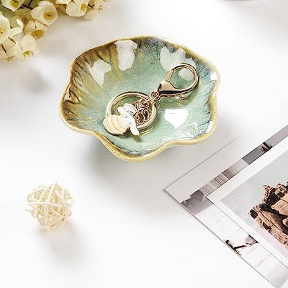 Ring Dish, Kiln Glaze Jewelry Trinket Tray, Gifts for Women I Lotus Leaf Necklace Earrings Holder on Nightstand Bathroom, Ceramic Cute Key Bowl, White. All Jewelries Are NOT Included.