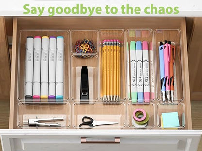 Clear Drawer Organizer Set, 3 Sizes Bathroom Vanity Organizer Trays and Storage Bins for Makeup, Cosmetics, Jewelry, and Gadgets. Perfect for Office, Kitchen, Bedroom, Bathroom Use.