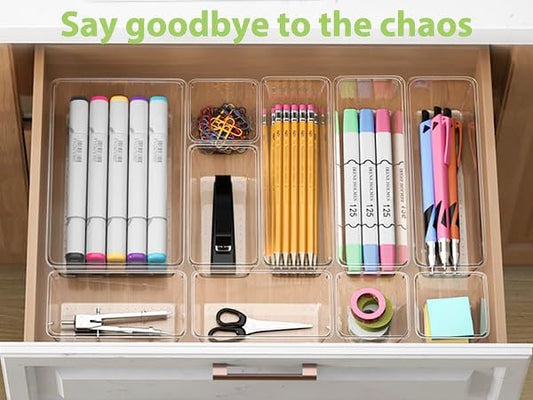 Clear Drawer Organizer Set, 3 Sizes Bathroom Vanity Organizer Trays and Storage Bins for Makeup, Cosmetics, Jewelry, and Gadgets. Perfect for Office, Kitchen, Bedroom, Bathroom Use.