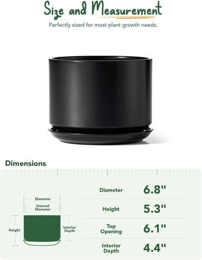 LE TAUCI Ceramic Pots for Plants, 6.8 Inch Plant Pots with Drainage Hole & Saucer, Modern Planter for Indoor Plants, Stable & Durable, Perfect for Living Room or Office Decor, White