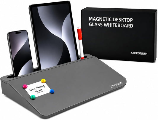 Glass Desktop Magnetic Whiteboard with Storage, Frosted Glass Dry Erase Board for Desk, Desk Organizer with Strong Magnets and Phone Stand for Home Office and School Supplies