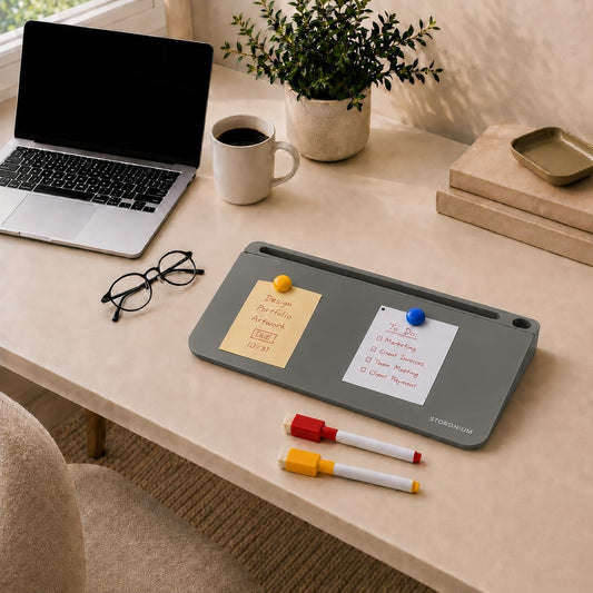 Glass Desktop Magnetic Whiteboard with Storage, Frosted Glass Dry Erase Board for Desk, Desk Organizer with Strong Magnets and Phone Stand for Home Office and School Supplies