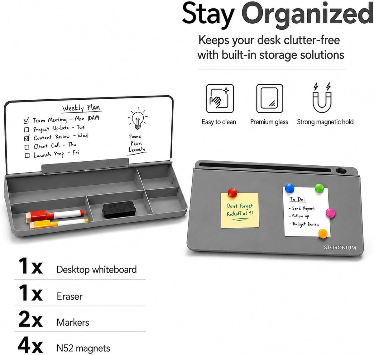 Glass Desktop Magnetic Whiteboard with Storage, Frosted Glass Dry Erase Board for Desk, Desk Organizer with Strong Magnets and Phone Stand for Home Office and School Supplies