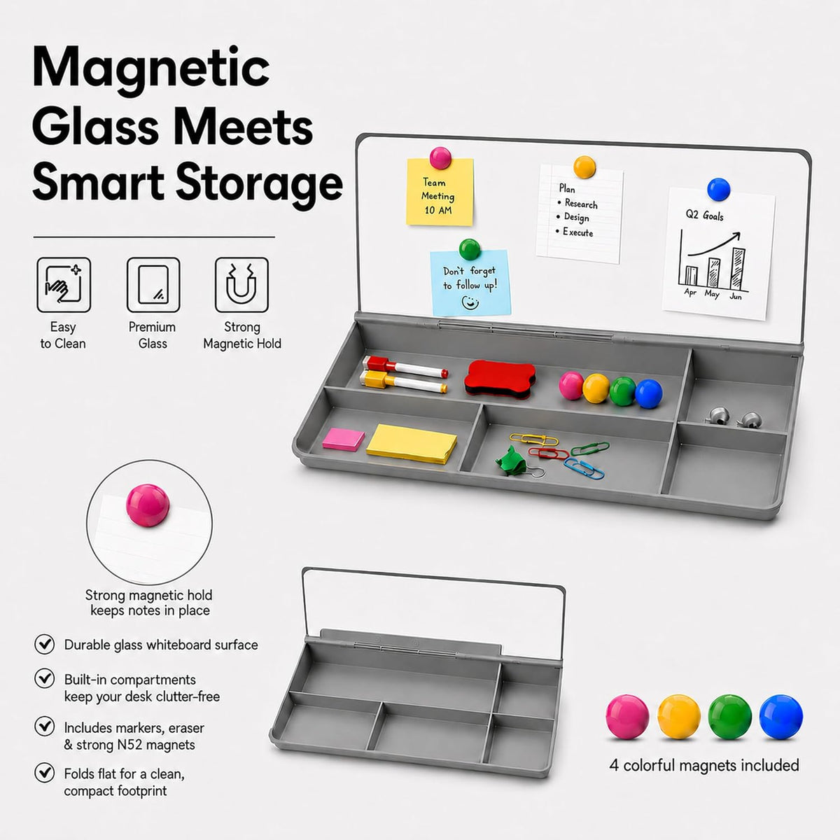 Glass Desktop Magnetic Whiteboard with Storage, Frosted Glass Dry Erase Board for Desk, Desk Organizer with Strong Magnets and Phone Stand for Home Office and School Supplies