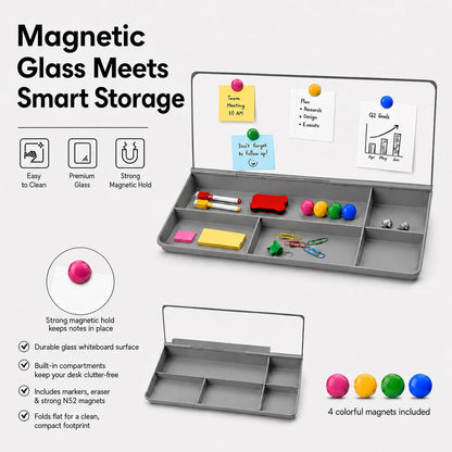 Glass Desktop Magnetic Whiteboard with Storage, Frosted Glass Dry Erase Board for Desk, Desk Organizer with Strong Magnets and Phone Stand for Home Office and School Supplies