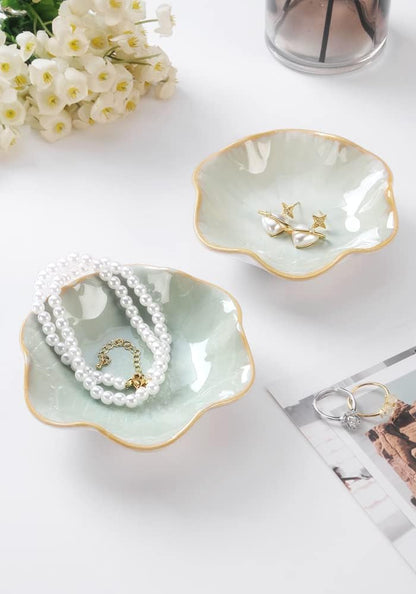 Ring Dish, Kiln Glaze Jewelry Trinket Tray, Gifts for Women I Lotus Leaf Necklace Earrings Holder on Nightstand Bathroom, Ceramic Cute Key Bowl, White. All Jewelries Are NOT Included.