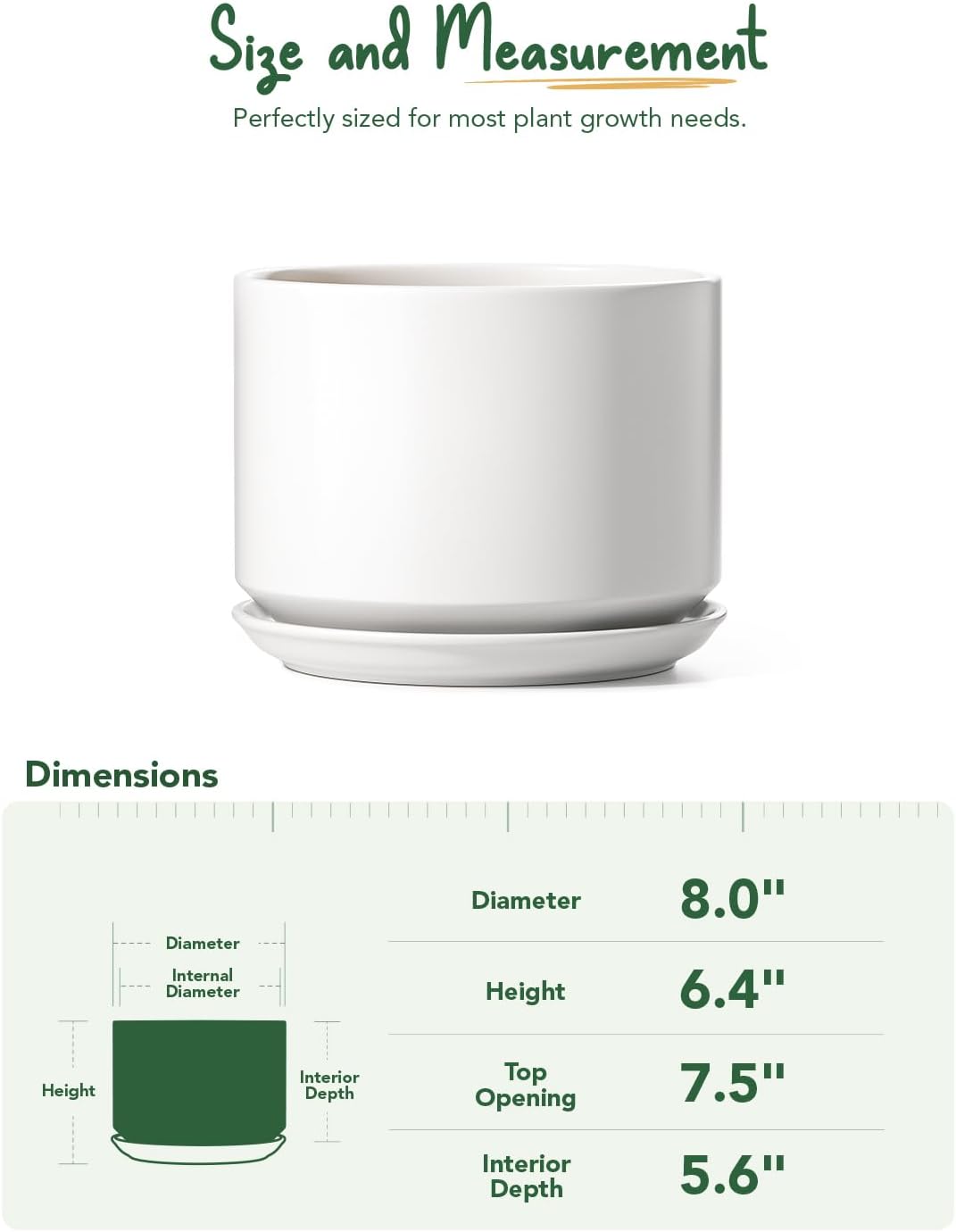 LE TAUCI Ceramic Pots for Plants, 6.8 Inch Plant Pots with Drainage Hole & Saucer, Modern Planter for Indoor Plants, Stable & Durable, Perfect for Living Room or Office Decor, White