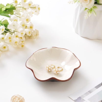 Ring Dish, Kiln Glaze Jewelry Trinket Tray, Gifts for Women I Lotus Leaf Necklace Earrings Holder on Nightstand Bathroom, Ceramic Cute Key Bowl, White. All Jewelries Are NOT Included.