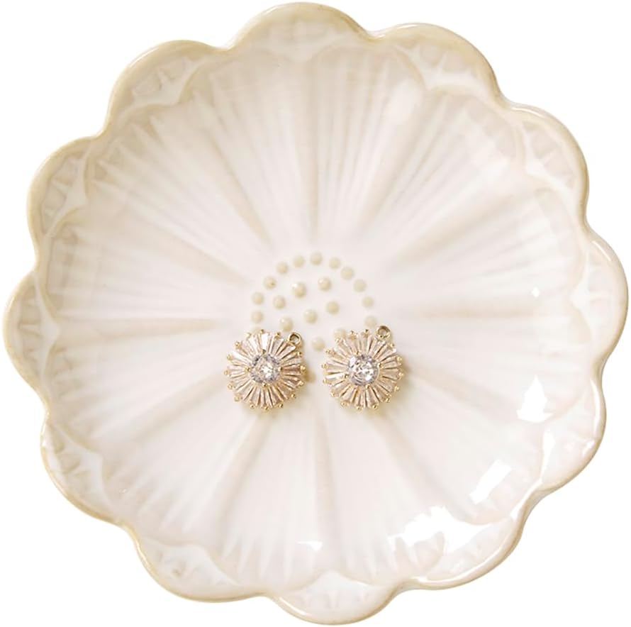 Ring Dish, Kiln Glaze Jewelry Trinket Tray, Gifts for Women I Lotus Leaf Necklace Earrings Holder on Nightstand Bathroom, Ceramic Cute Key Bowl, White. All Jewelries Are NOT Included.