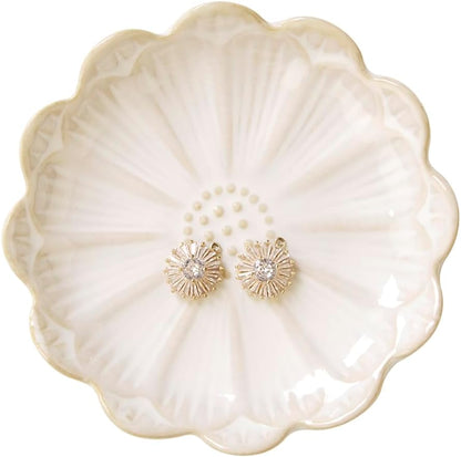 Ring Dish, Kiln Glaze Jewelry Trinket Tray, Gifts for Women I Lotus Leaf Necklace Earrings Holder on Nightstand Bathroom, Ceramic Cute Key Bowl, White. All Jewelries Are NOT Included.