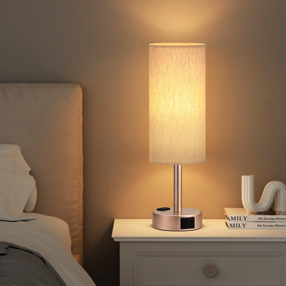Fenmzee Bedside Table Lamp for Bedroom - Dimmable Touch, USB A+C, AC Outlet
