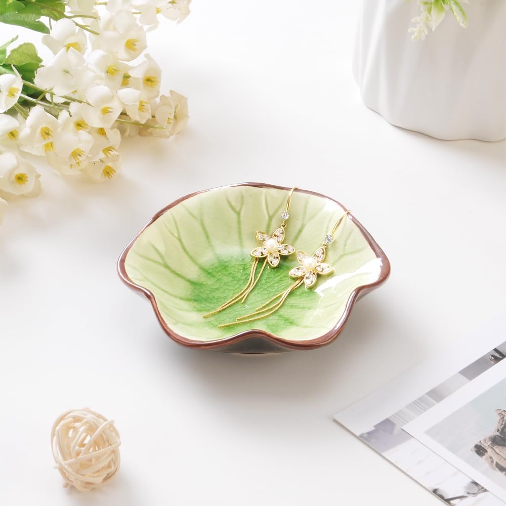 Ring Dish, Kiln Glaze Jewelry Trinket Tray, Gifts for Women I Lotus Leaf Necklace Earrings Holder on Nightstand Bathroom, Ceramic Cute Key Bowl, White. All Jewelries Are NOT Included.