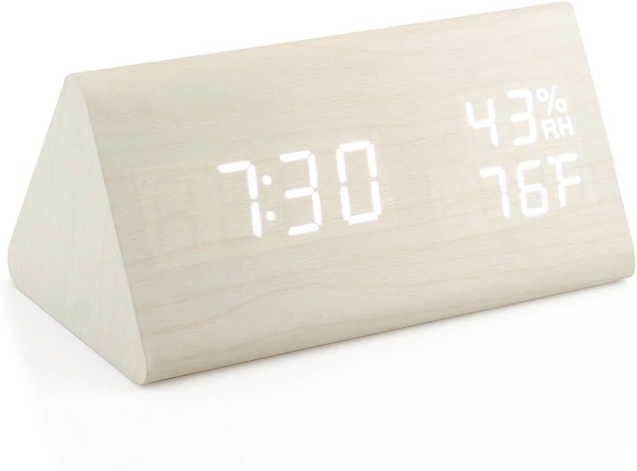 OCT17 Wooden Alarm Clock, Smart LED Digital Clock for Bedroom/desks, Upgraded with Time Temperature, Adjustable Brightness and Voice Control, Humidity Displaying - Black