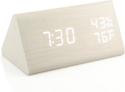 OCT17 Wooden Alarm Clock, Smart LED Digital Clock for Bedroom/desks, Upgraded with Time Temperature, Adjustable Brightness and Voice Control, Humidity Displaying - Black