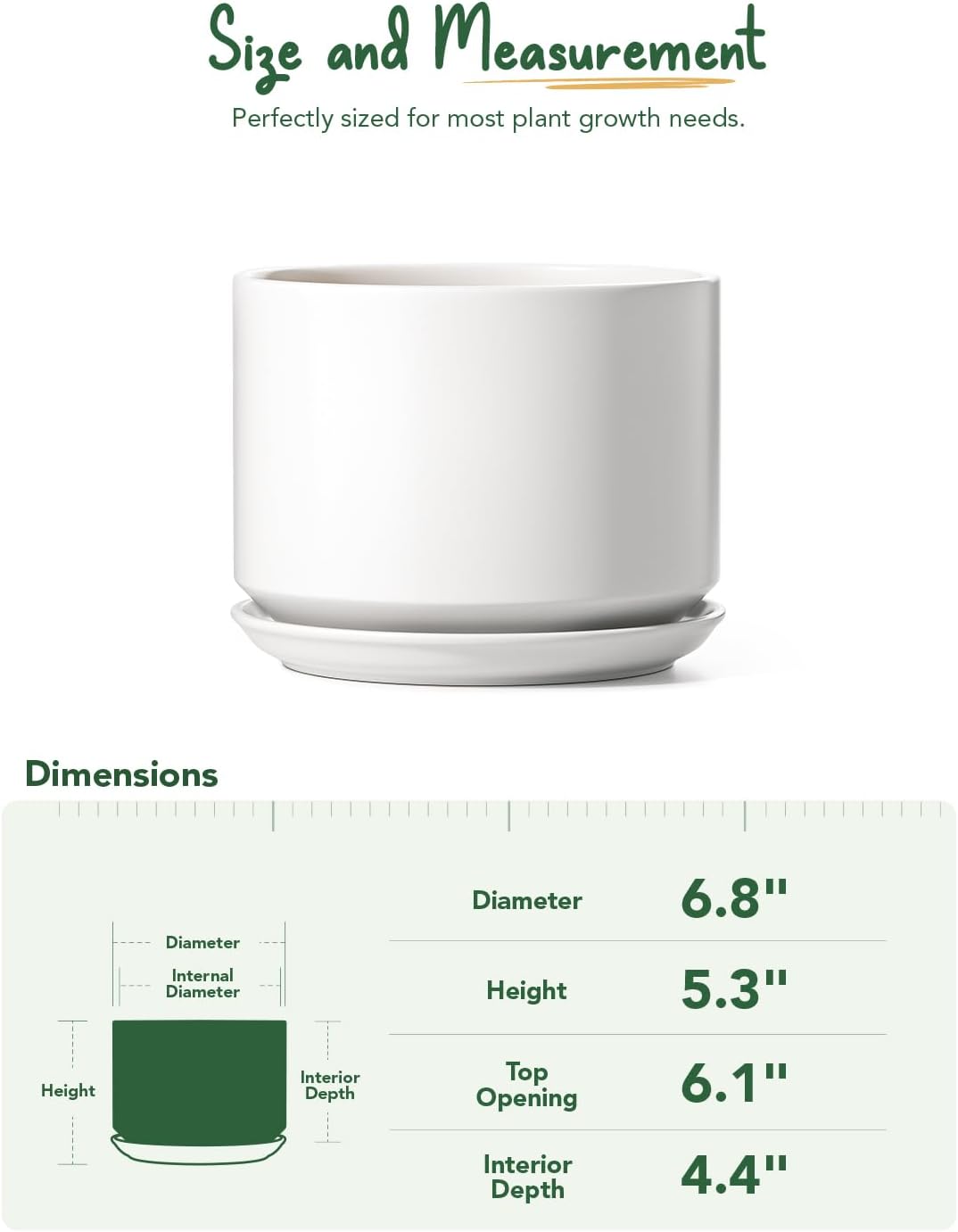 LE TAUCI Ceramic Pots for Plants, 6.8 Inch Plant Pots with Drainage Hole & Saucer, Modern Planter for Indoor Plants, Stable & Durable, Perfect for Living Room or Office Decor, White