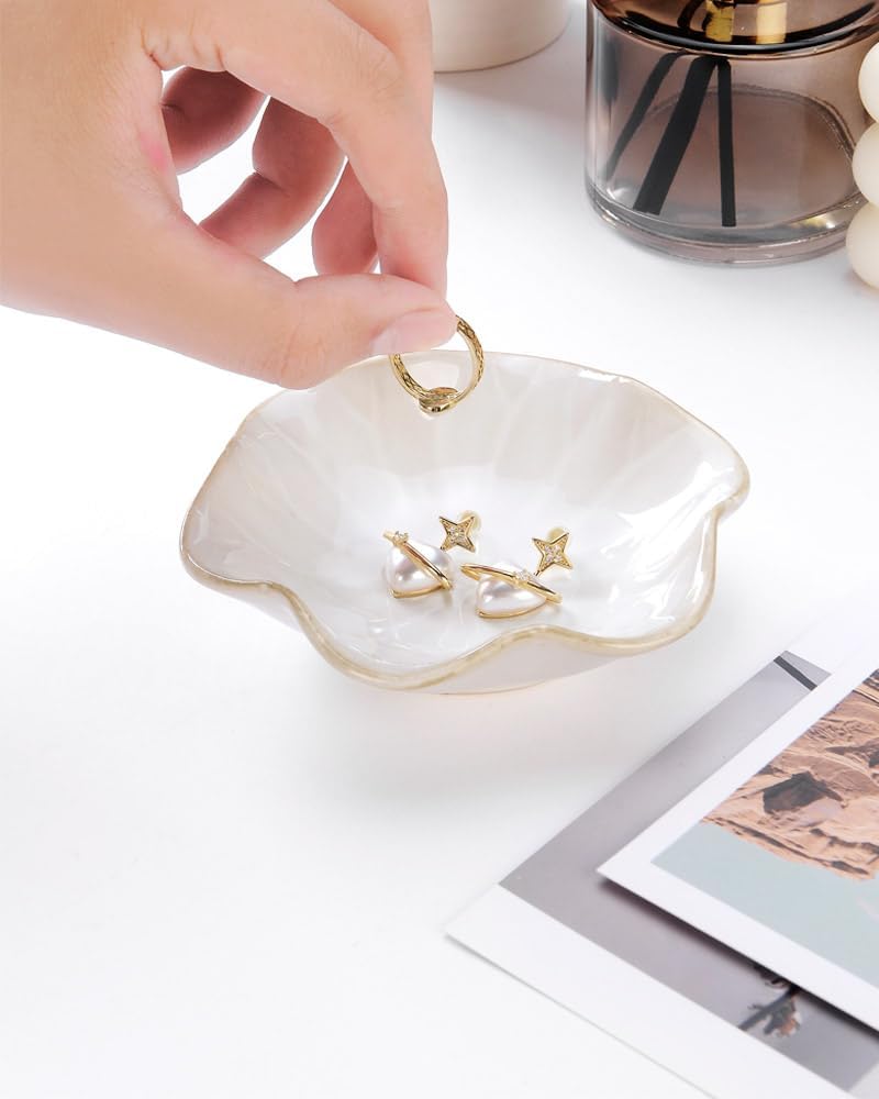 Ring Dish, Kiln Glaze Jewelry Trinket Tray, Gifts for Women I Lotus Leaf Necklace Earrings Holder on Nightstand Bathroom, Ceramic Cute Key Bowl, White. All Jewelries Are NOT Included.