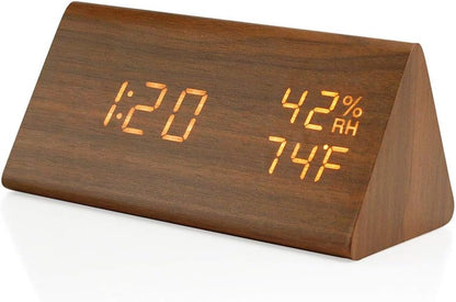 OCT17 Wooden Alarm Clock, Smart LED Digital Clock for Bedroom/desks, Upgraded with Time Temperature, Adjustable Brightness and Voice Control, Humidity Displaying - Black