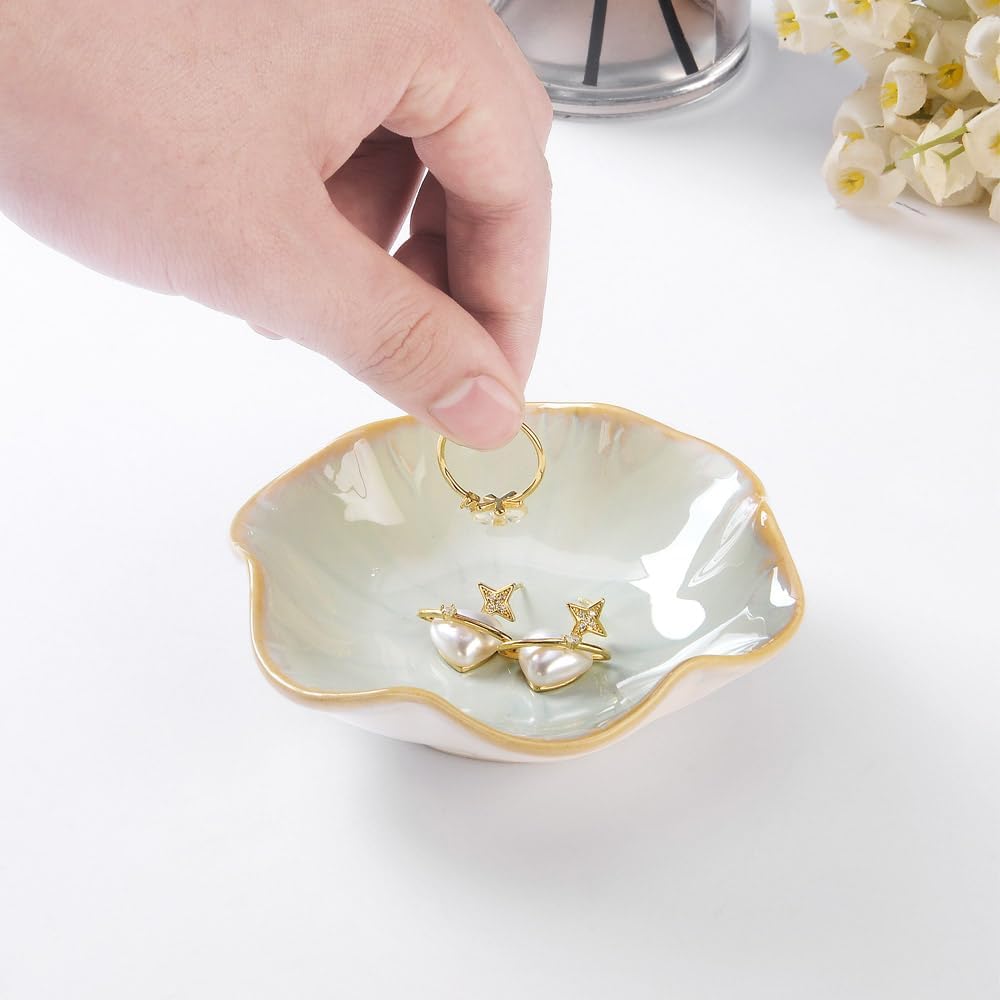 Ring Dish, Kiln Glaze Jewelry Trinket Tray, Gifts for Women I Lotus Leaf Necklace Earrings Holder on Nightstand Bathroom, Ceramic Cute Key Bowl, White. All Jewelries Are NOT Included.