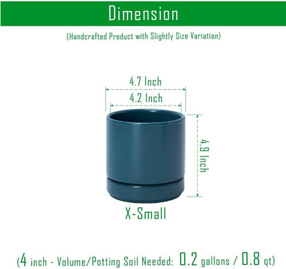 D'vine Dev 4.7 Inch Ceramic Planter Pot with Drainage Hole and Saucer, Indoor Cylinder Round Planter Pot, Teal, 94-O-B-9