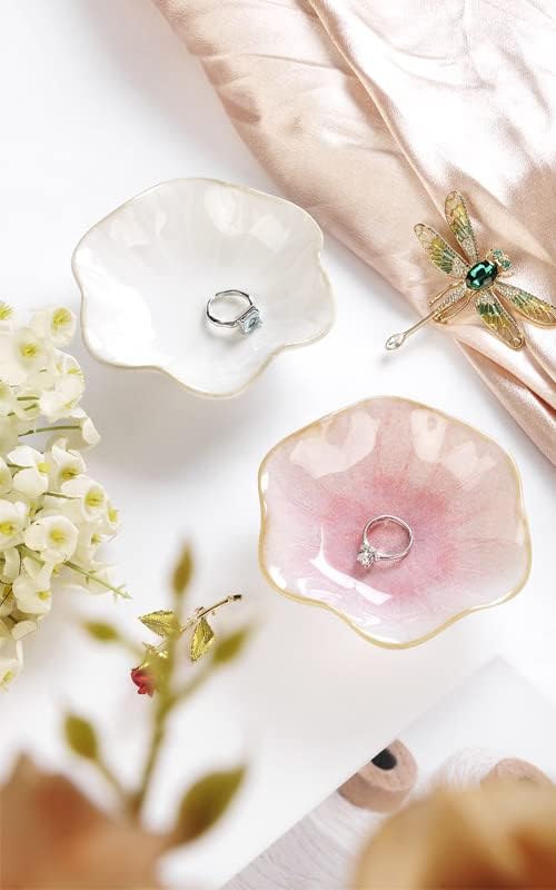Ring Dish, Kiln Glaze Jewelry Trinket Tray, Gifts for Women I Lotus Leaf Necklace Earrings Holder on Nightstand Bathroom, Ceramic Cute Key Bowl, White. All Jewelries Are NOT Included.